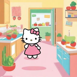 Hello Kitty following a diet plan in a cute kitchen