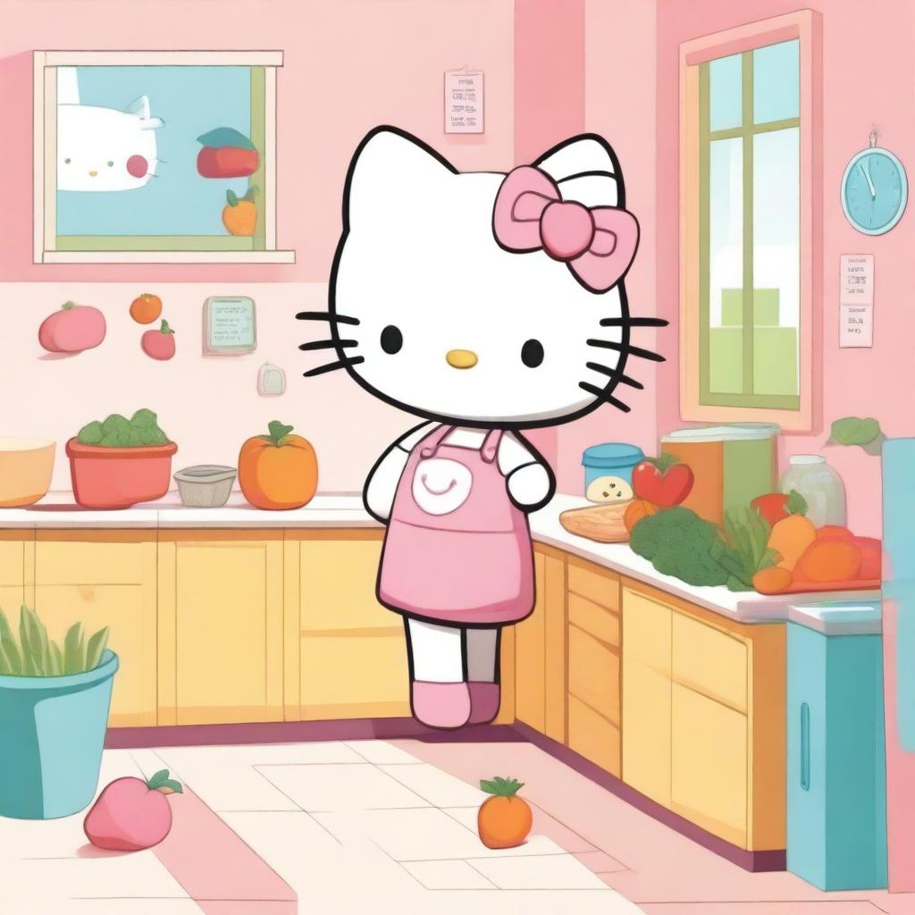 Hello Kitty following a diet plan in a cute kitchen