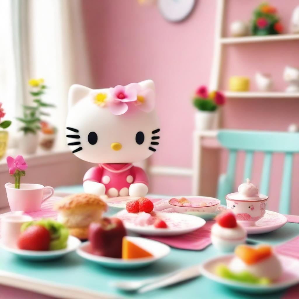 Hello Kitty enjoying a meal at a cute dining table