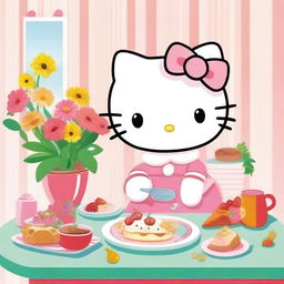 Hello Kitty enjoying a meal at a cute dining table