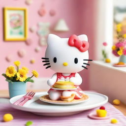 Hello Kitty enjoying a meal at a cute dining table