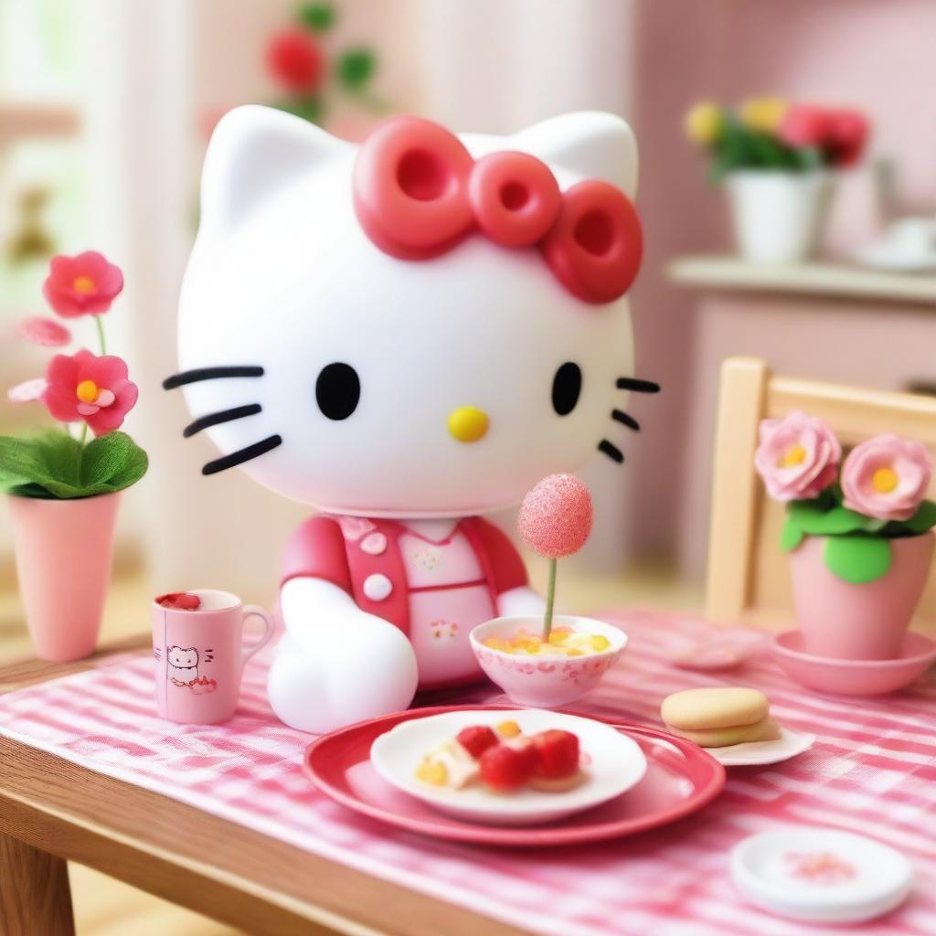 Hello Kitty enjoying a meal at a cute dining table