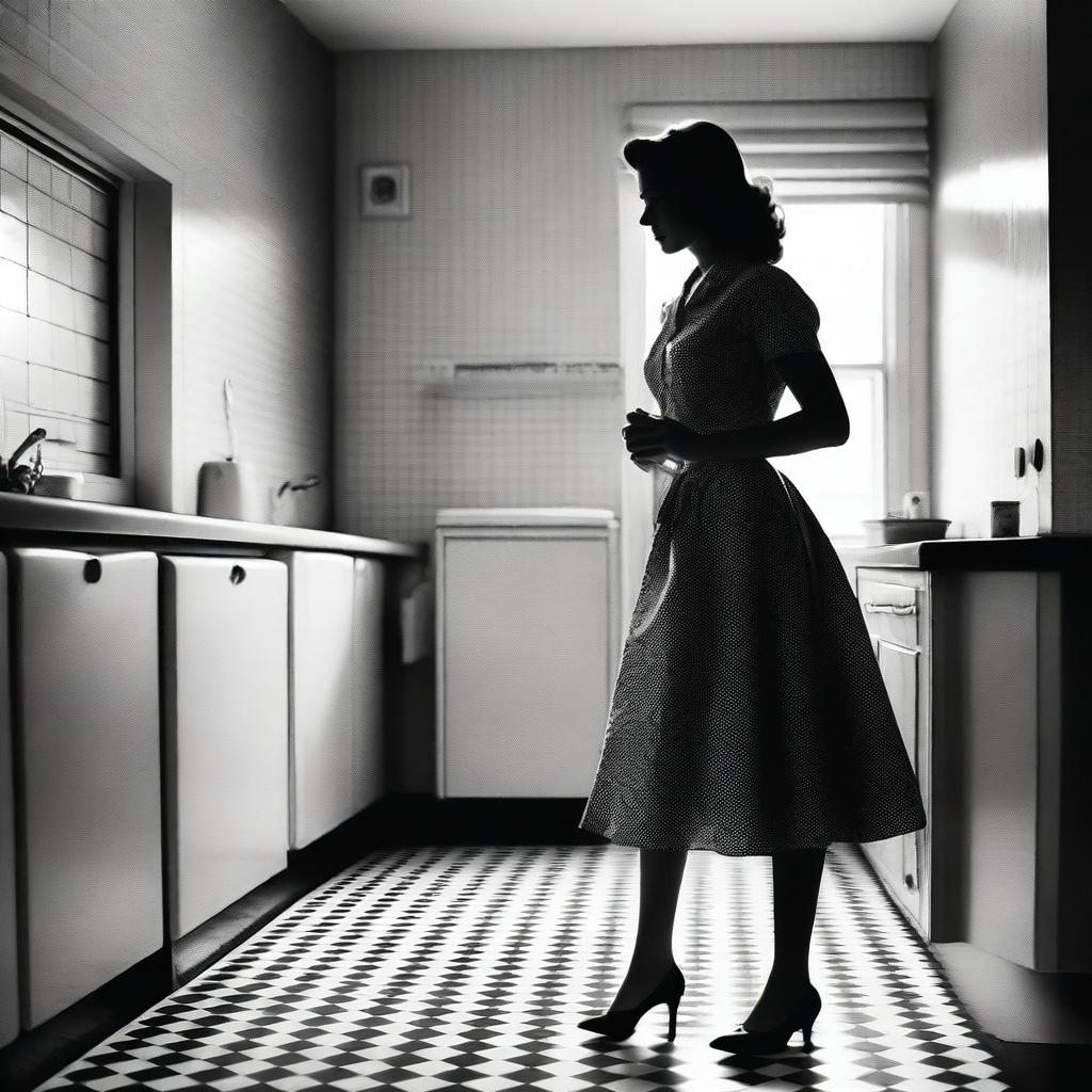 Create a black and white film poster set in a 1950s kitchen