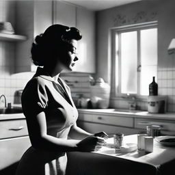 Create a black and white film poster set in a 1950s kitchen