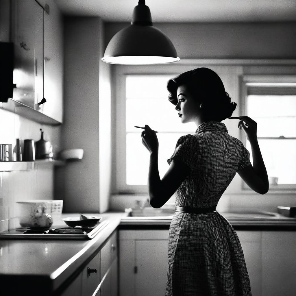 Create a black and white film poster set in a 1950s kitchen