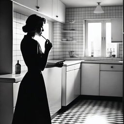 Create a black and white film poster set in a 1950s kitchen