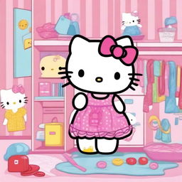 Hello Kitty changing clothes in a cute and colorful room