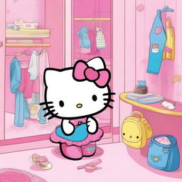 Hello Kitty changing clothes in a cute and colorful room