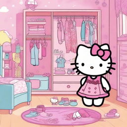 Hello Kitty changing clothes in a cute and colorful room