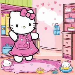 Hello Kitty changing clothes in a cute and colorful room