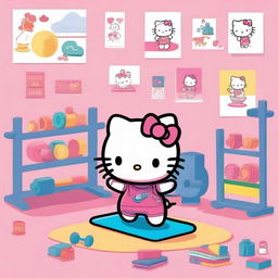 Hello Kitty exercising in a colorful gym