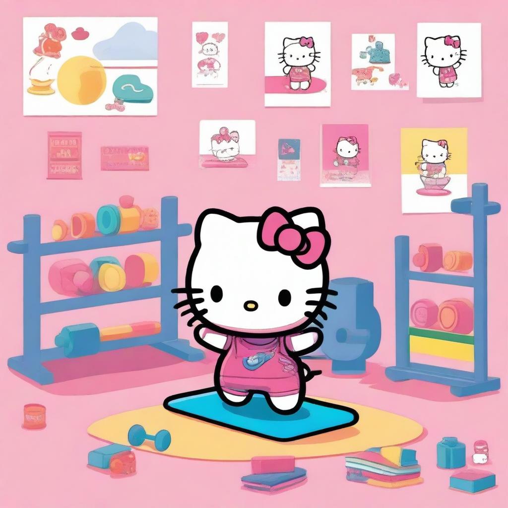 Hello Kitty exercising in a colorful gym