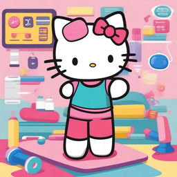 Hello Kitty exercising in a colorful gym