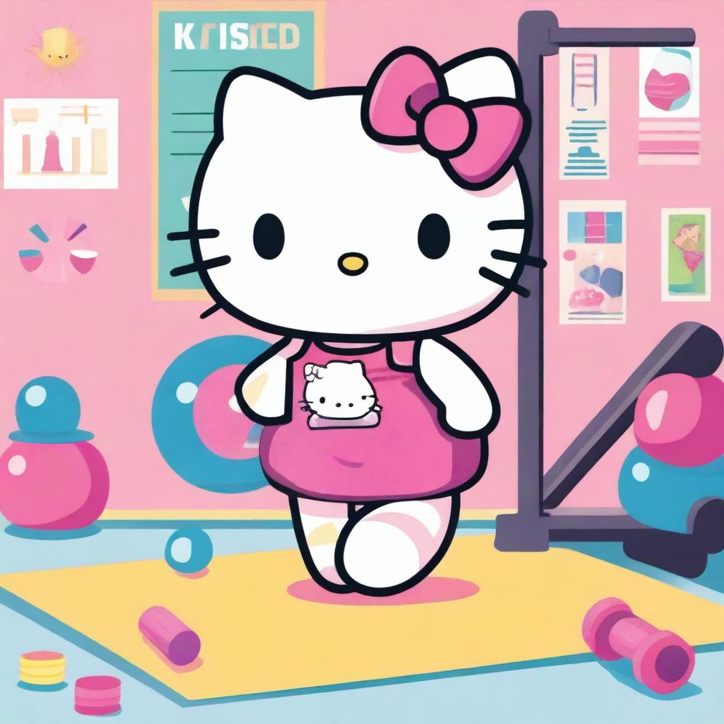 Hello Kitty exercising in a colorful gym