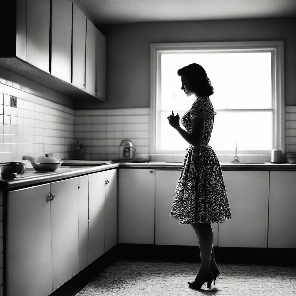 Create a black and white film poster set in a 1950s kitchen