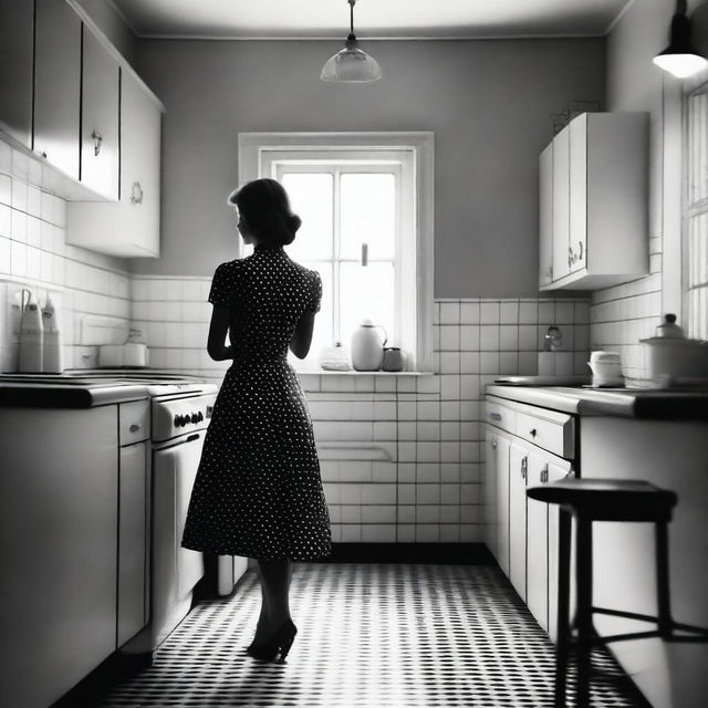 Create a black and white film poster set in a 1950s kitchen