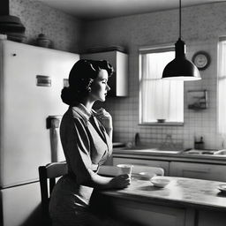 Create a black and white film poster set in a 1950s kitchen