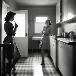 Create a black and white film poster set in a 1950s kitchen