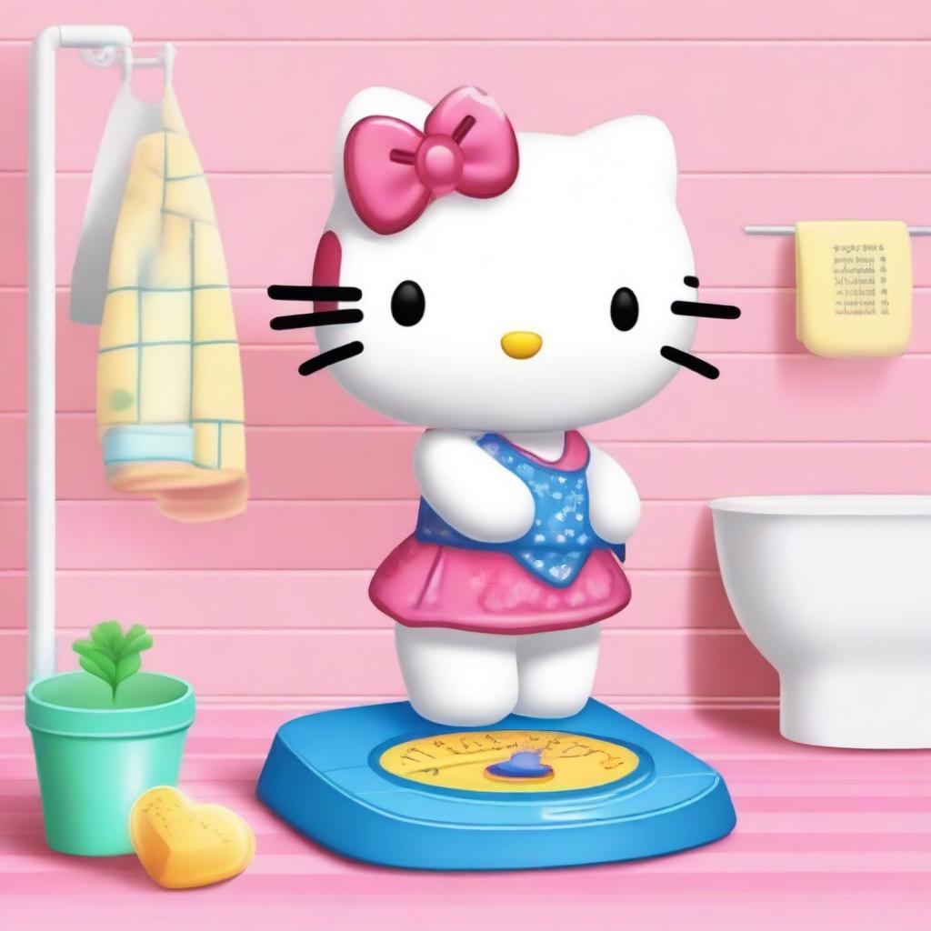 Hello Kitty checking her weight on a scale in a bright and cheerful bathroom