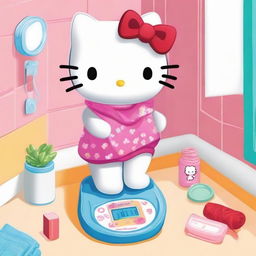 Hello Kitty checking her weight on a scale in a bright and cheerful bathroom