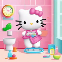 Hello Kitty checking her weight on a scale in a bright and cheerful bathroom