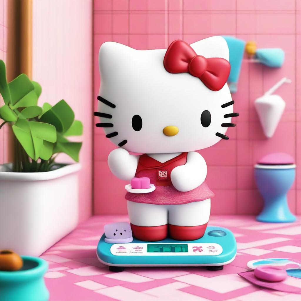 Hello Kitty checking her weight on a scale in a bright and cheerful bathroom