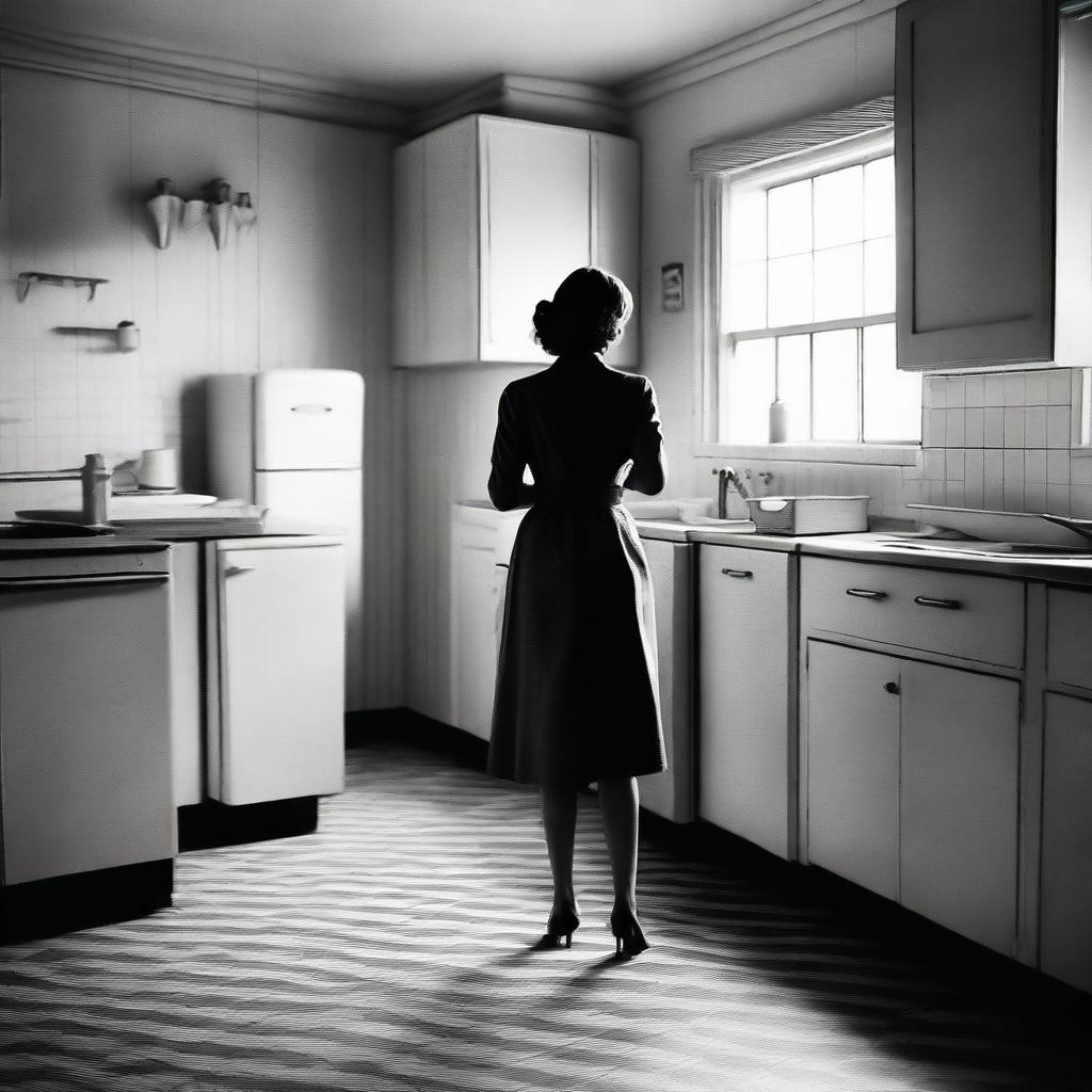 Create a black and white film poster set in a 1950s kitchen