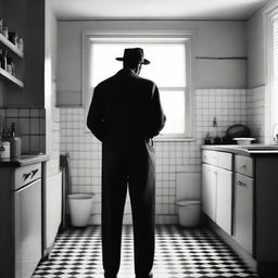 Create a black and white film poster set in a 1950s kitchen