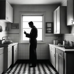 Create a black and white film poster set in a 1950s kitchen