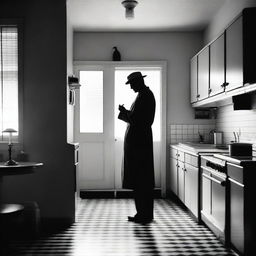 Create a black and white film poster set in a 1950s kitchen