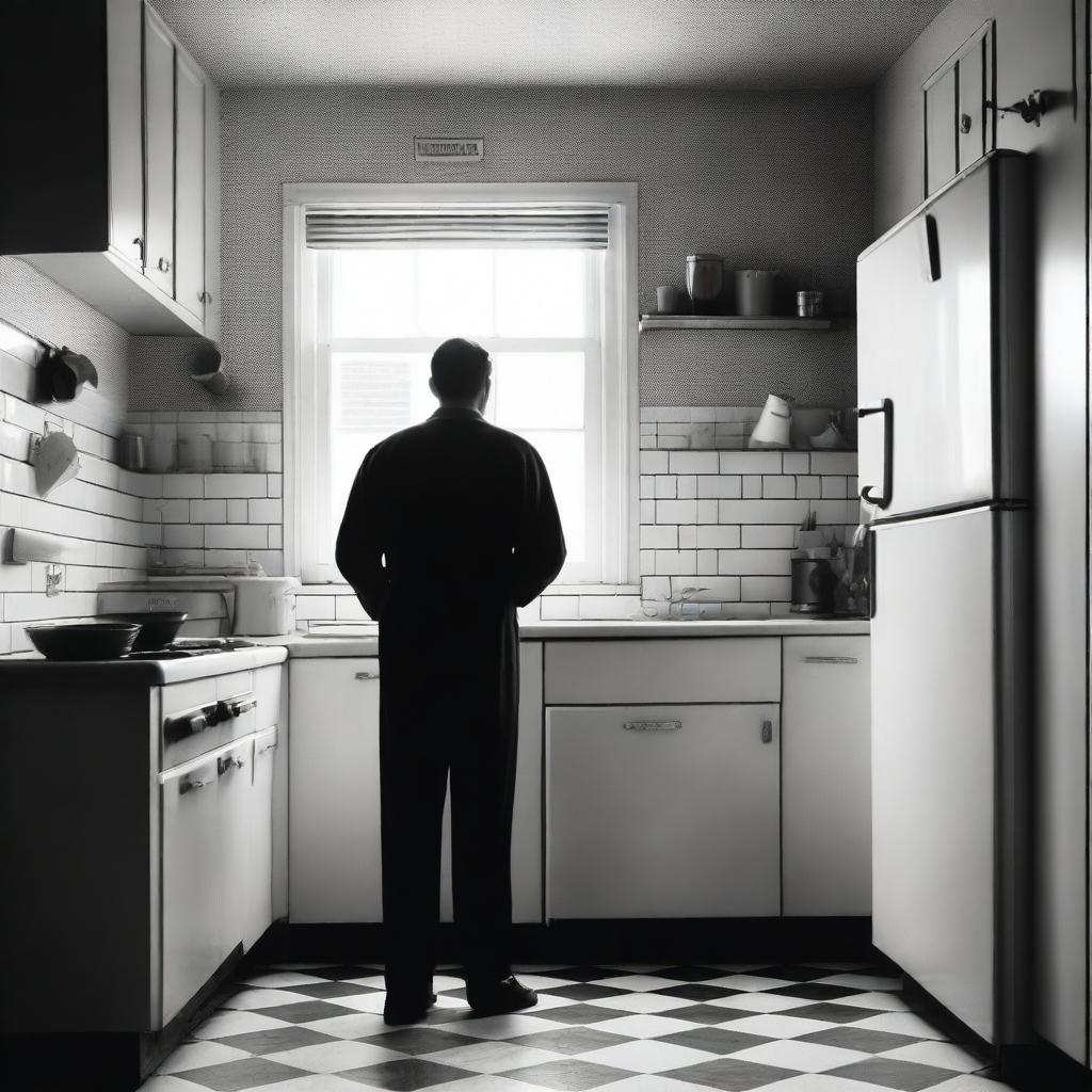 Create a black and white film poster set in a 1950s kitchen