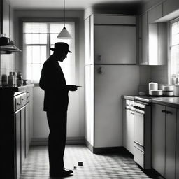 Create a black and white film poster set in a 1950s kitchen