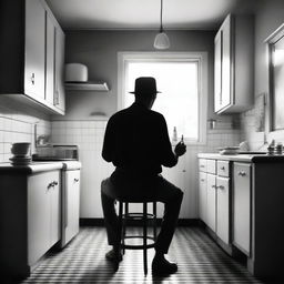 Create a black and white film poster set in a 1950s kitchen