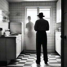 Create a black and white film poster set in a 1950s kitchen