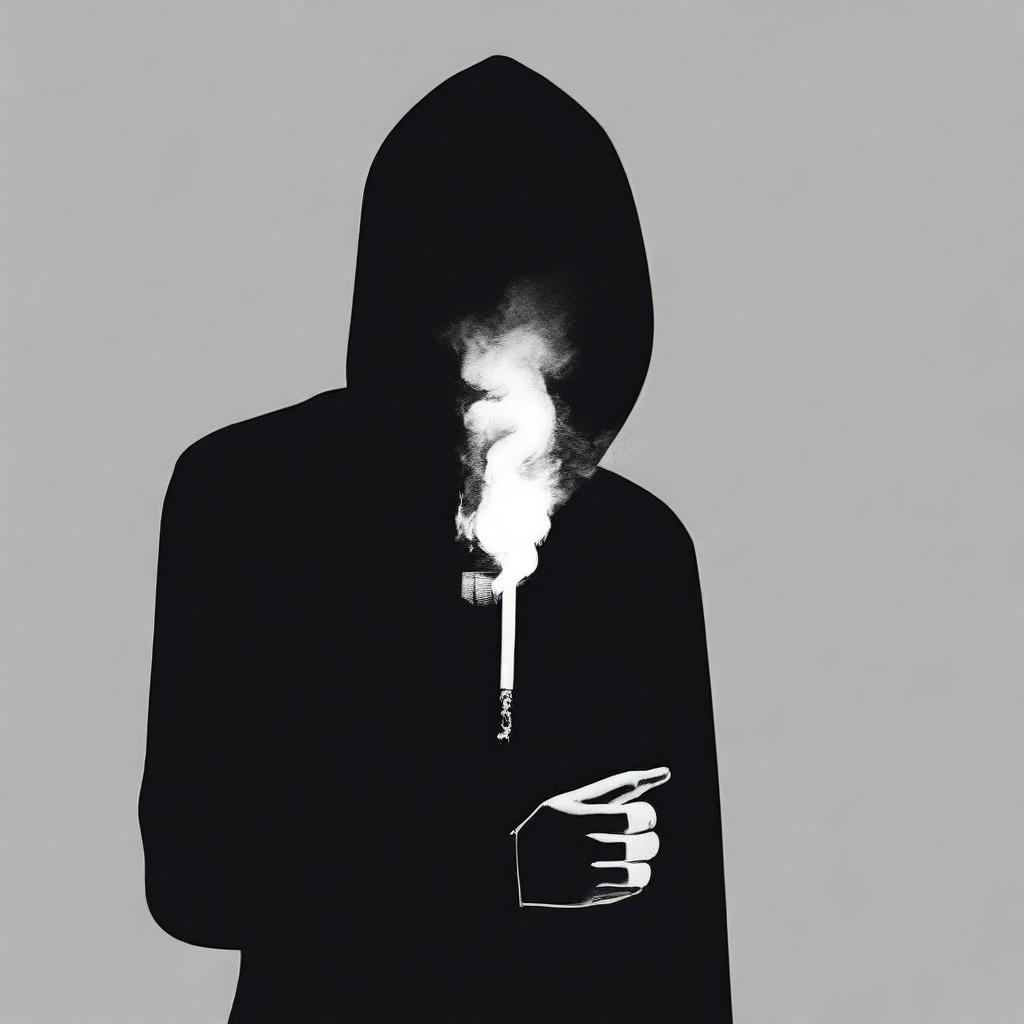 Create a black and white film poster featuring a faceless figure holding a cigarette