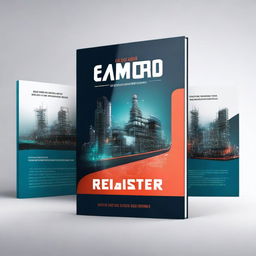 Create a book cover titled 'The 6M Risk Register' featuring a high-tech futuristic factory in the background