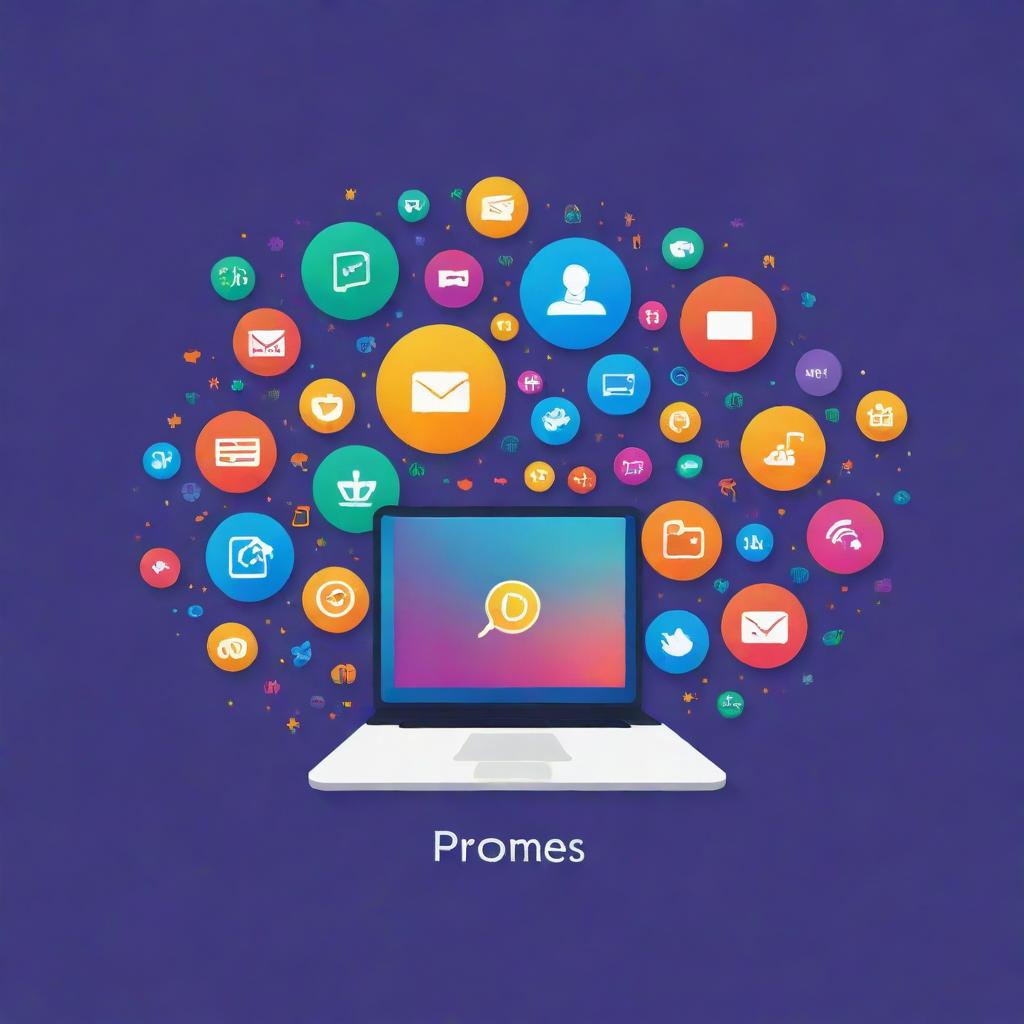 A dynamic, vibrant icon for 'promos.da.internet', further decorated with mini icons, all representing the spirit of online promotions and a variety of digital deals, lively and energetic without any human elements or shadows.