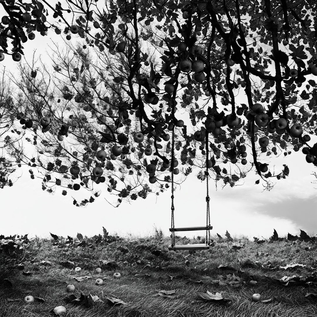 A black and white depiction of a serene autumn backyard with an apple tree, ripe apples, fallen leaves, and a simple children's swing hanging from the tree branch