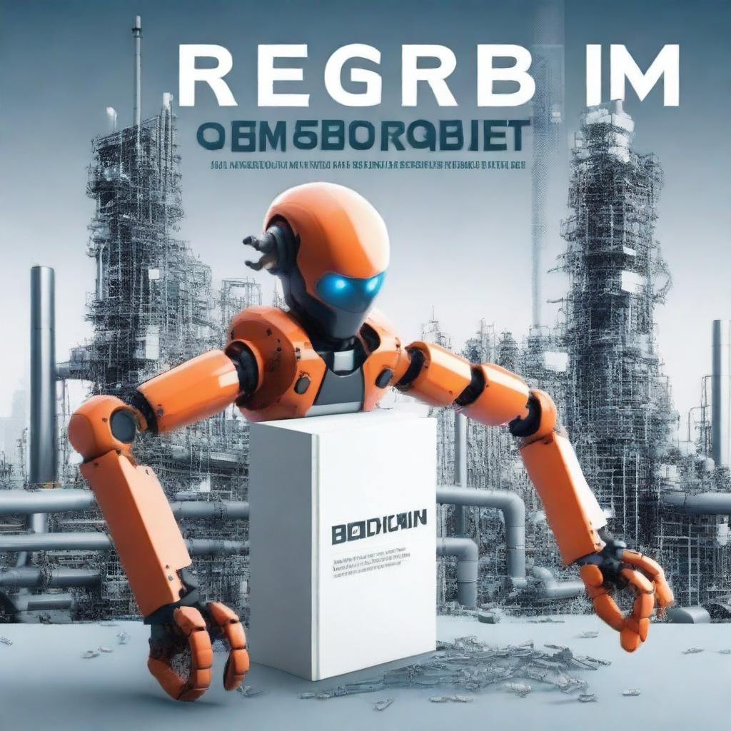 Create a book cover titled 'The 6M Risk Register' featuring a high-tech robotics factory in the background