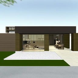 A 3D design for a modern home within a 33ft x 48ft area, encompassing a shop and a gate on the 33ft side. The home features glass walls, a flat roof, and a minimalist design.