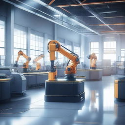 Create an image of a high-tech robotics factory in the background