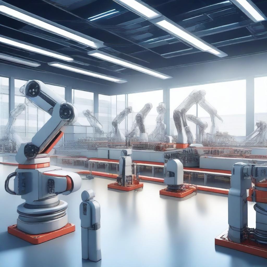 Create an image of a high-tech robotics factory in the background