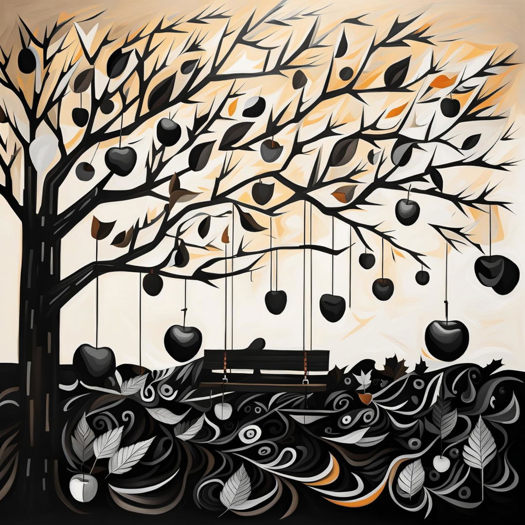 An abstract black and white depiction of an autumn backyard with an apple tree, ripe apples, fallen leaves, and a simple children's swing, featuring surreal shapes and patterns