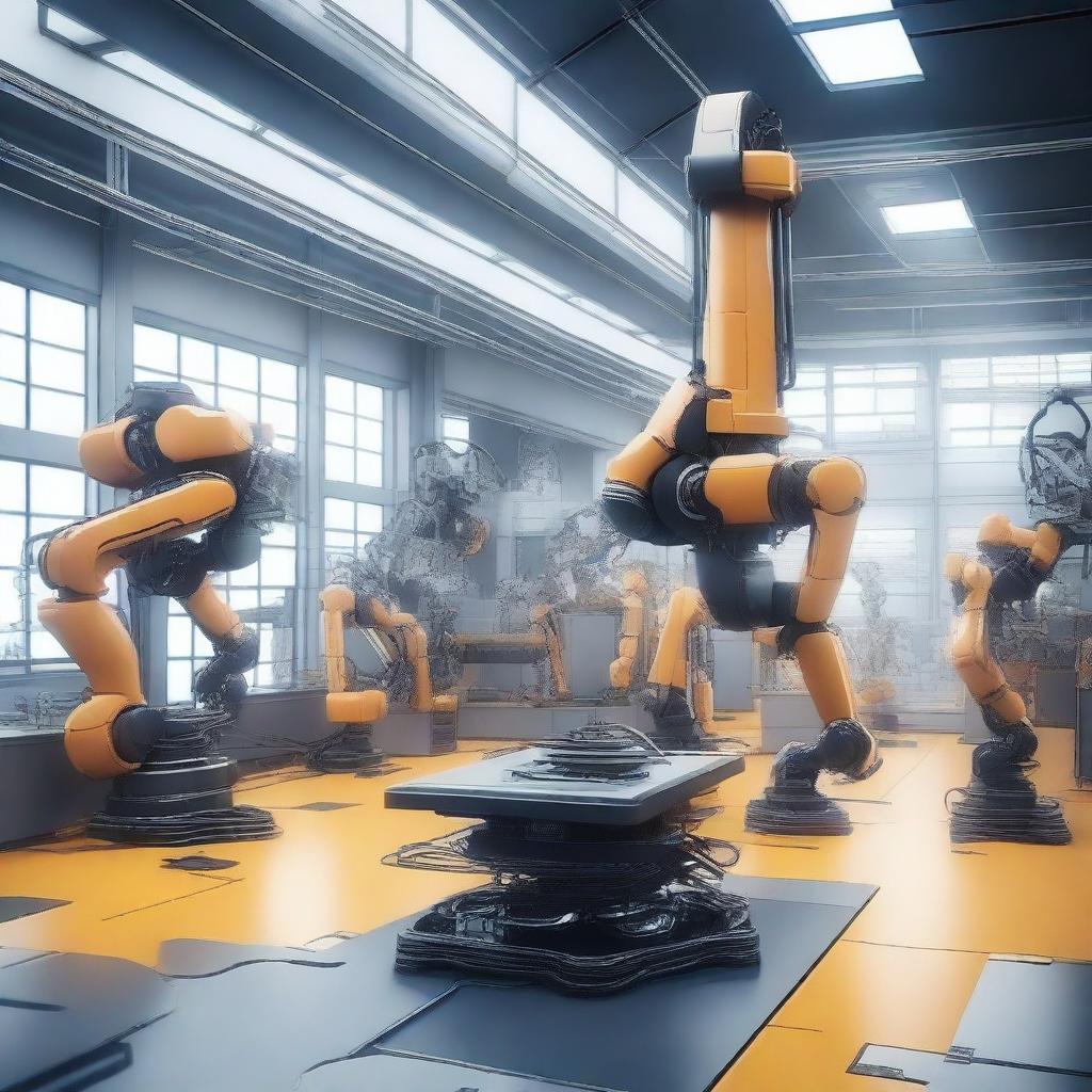 Create an image of a futuristic high-tech robotics factory