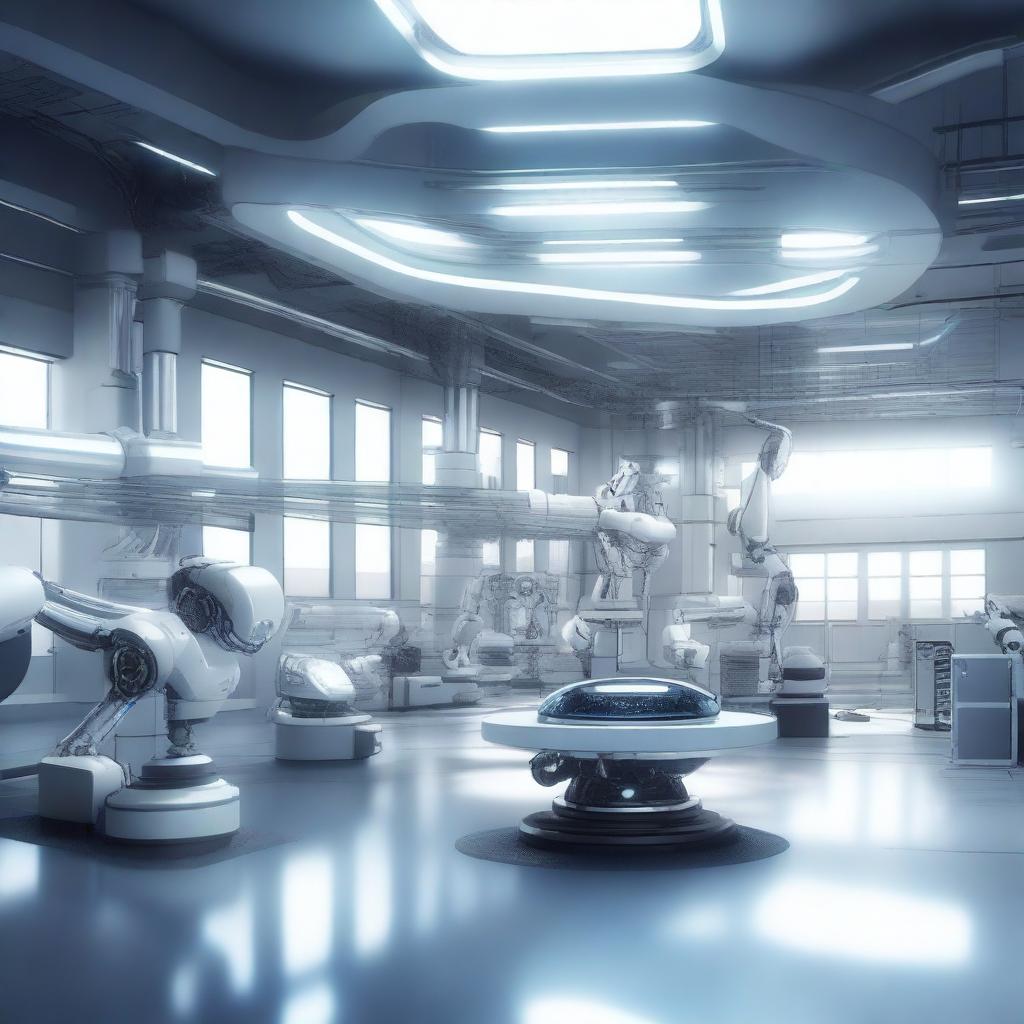 Create an image of a futuristic high-tech robotics factory