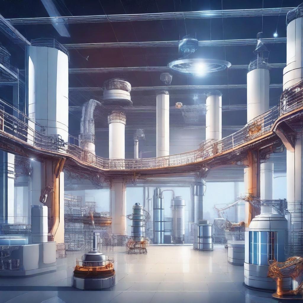 Create an image of a futuristic high-tech robotics factory in space