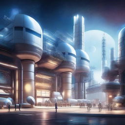 Create an image of a futuristic high-tech robotics factory in space