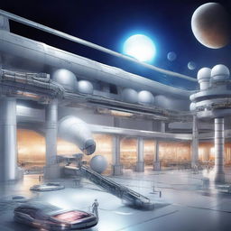 Create an image of a futuristic high-tech robotics factory in space