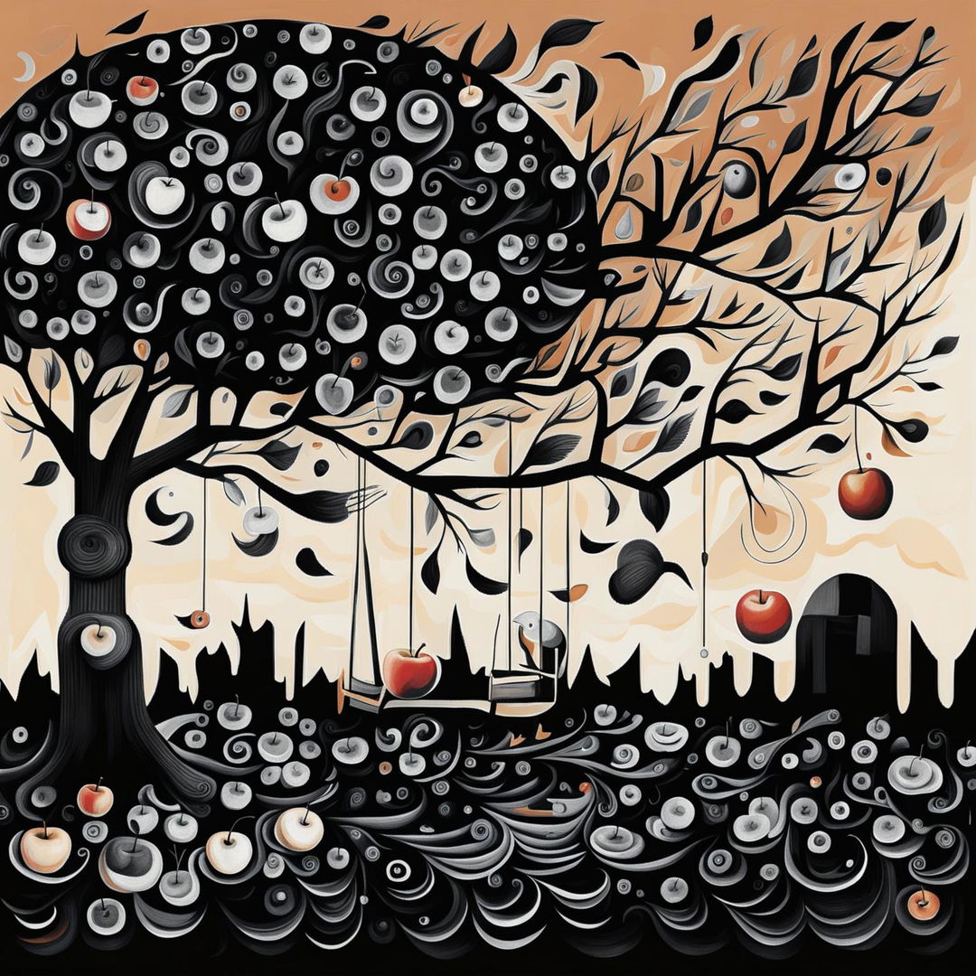 An abstract black and white illustration of an autumn backyard with an apple tree, ripe apples, fallen leaves, and a simple children's swing, featuring surreal shapes and patterns