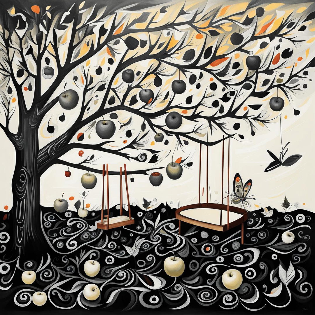 An abstract black and white depiction of an autumn backyard with an apple tree, ripe apples, fallen leaves, a simple children's swing, and a small butterfly on the swing, featuring surreal shapes and patterns